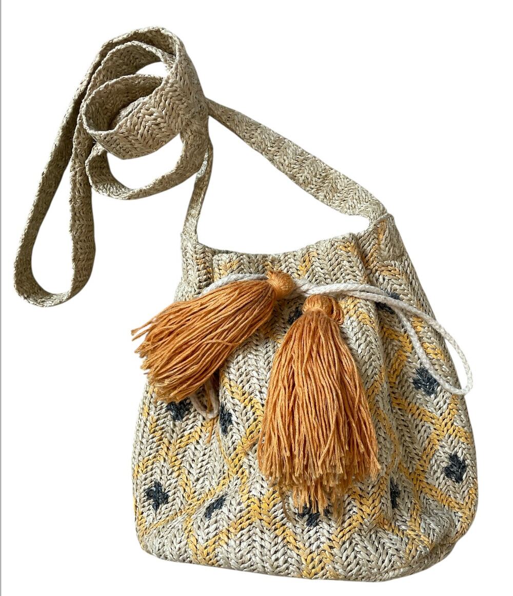 MW Most Wanted Straw Bucket Bag Boho Crossbody Woven Tassel Drawstring